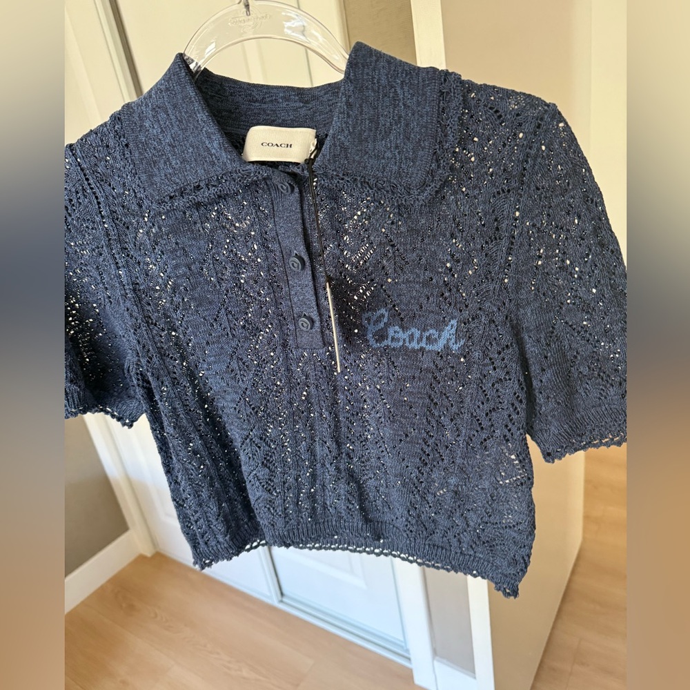 Coach Navy Knit Polo Top